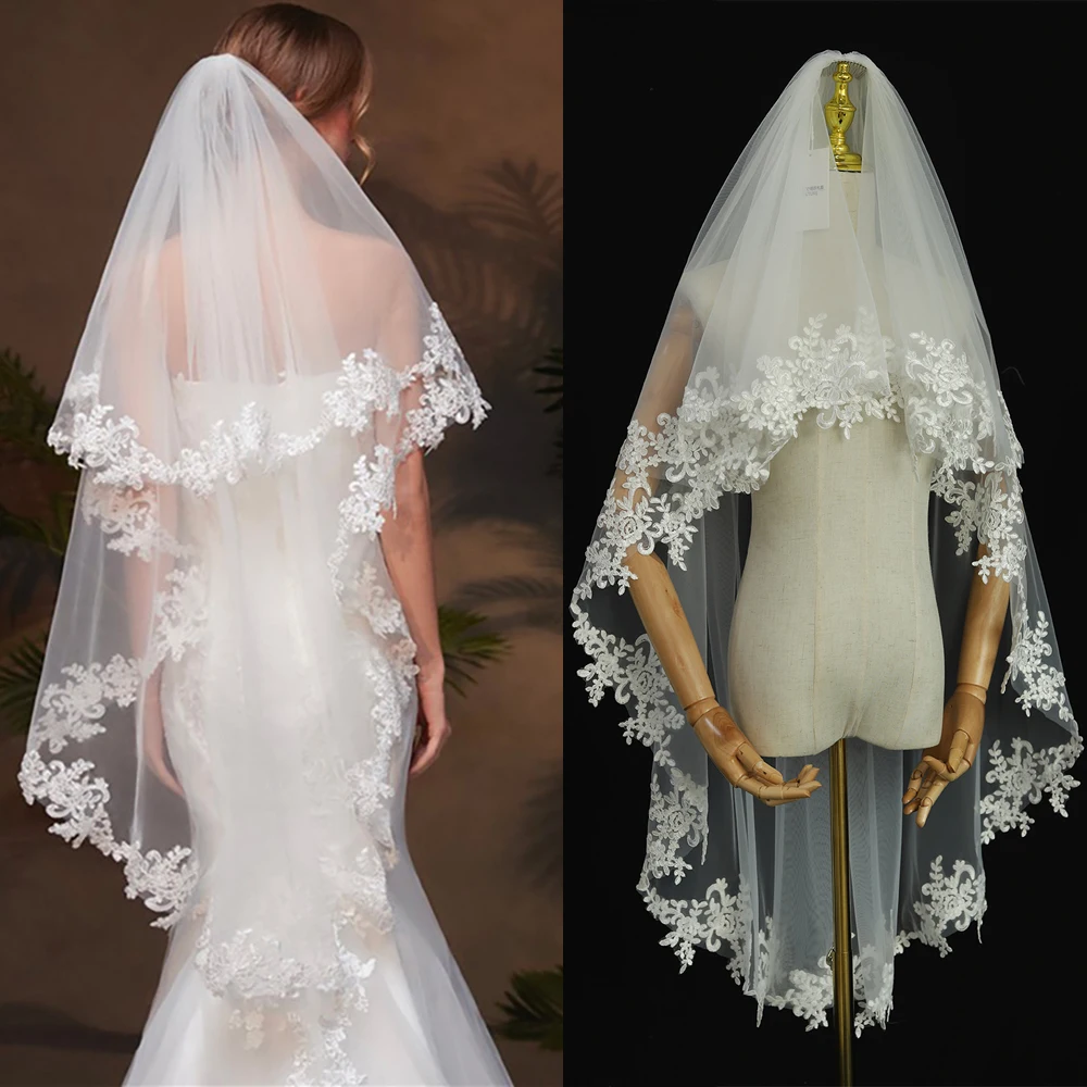 Appliques Wedding Veil With Comb Cover Face Two Layer Bridal Veils