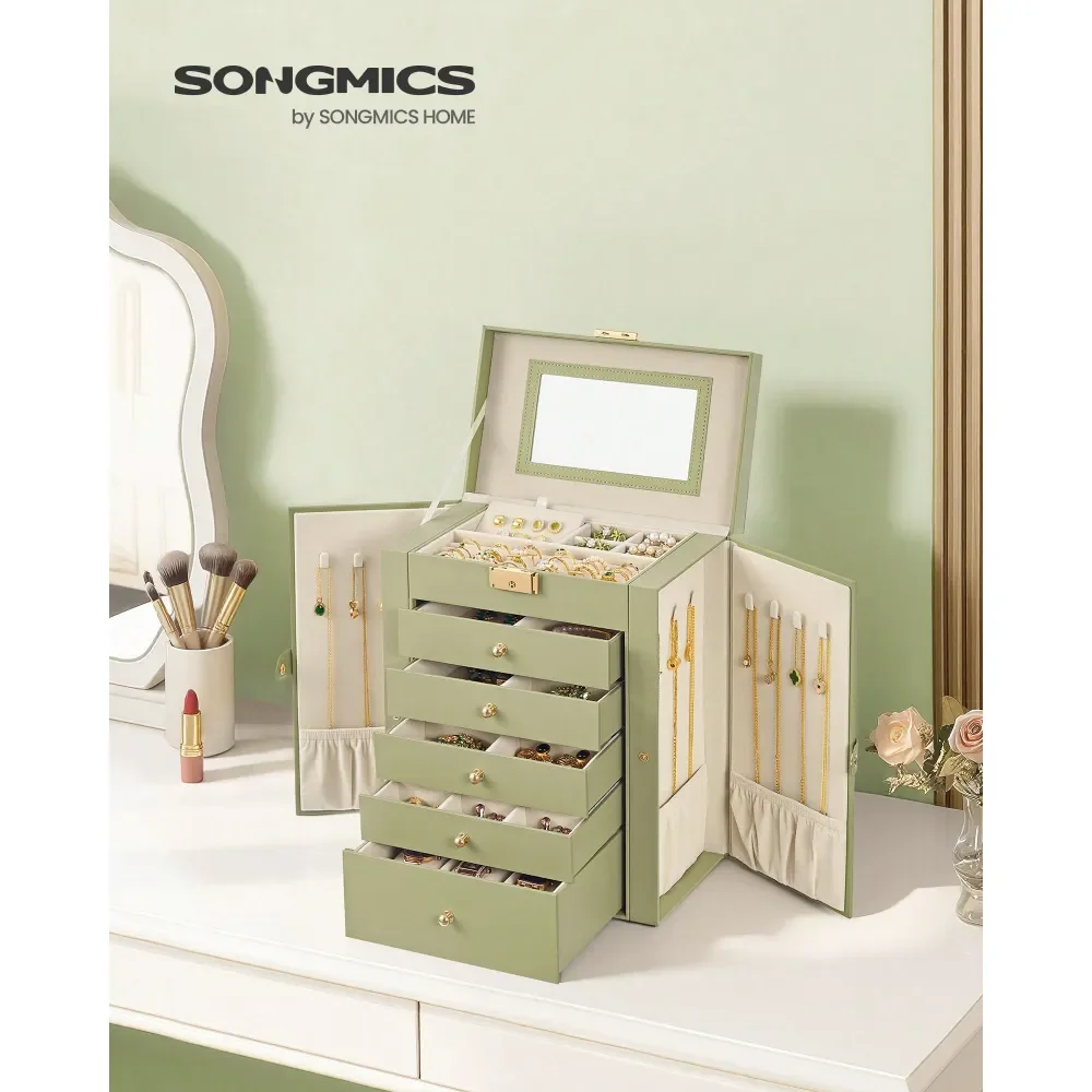 

Шкатулка для украшений SONGMICS на 6 ярусов, с 5 выдвижными ящиками, большой вместимостью, зеркалом, с замком, органайзер для хранения украшений