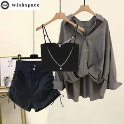 Spring/Summer Set Women's 2024 New Camisole Vest Lazy Style Shirt Drawstring Jeans Elegant Women's Three Piece Set