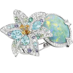 Classic Ladies Fashion Colorful Flower Opal White Zirconia Crystal Female Alloy Ring for Women Party Jewelry Accessories