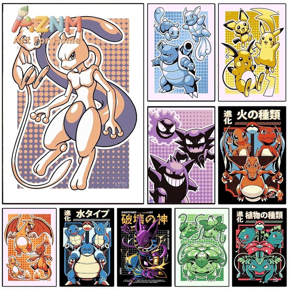 Pokemon Anime Canvas Wall Art No Frame Mewtwo Mew Gengar Charizard Retro Comic Style Print Poster for Bedroom Living Room Home
