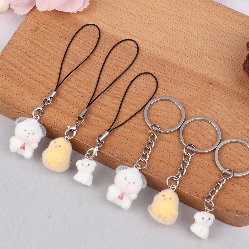 1PC Cute Flocking Puppy Keychain Cartoon Puppy Dog Phone Chain Earphone Case Pendant Lanyard Backpack Bag Decor Car Key Ring