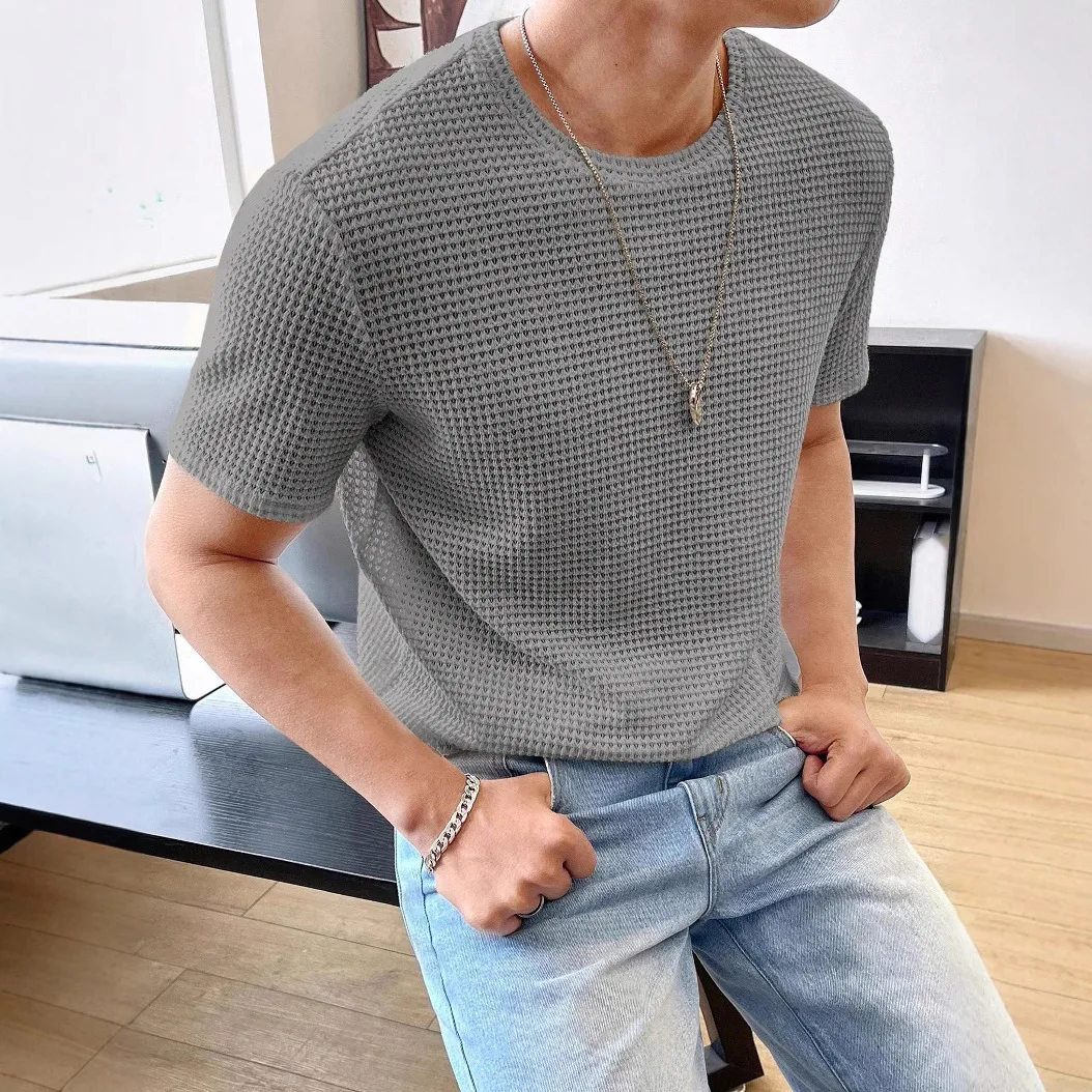 Solid Color Semi-hollow Short-sleeved T-shirt Summer Men's Top