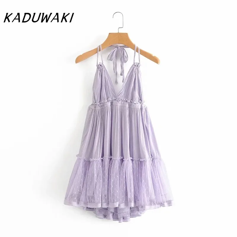 KADUWAKI Sexy Versátil Fino Camadas Malha Emenda Com Decote Em V Grande Backless Halter Robe Praia Vestido de Verão Ленее Плаikanе Больovahх Разukat