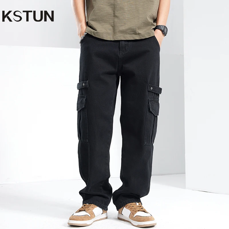 

KSTUN Cargo Jeans Men Loose Fit Baggy Pants Wide Leg Jeans Black Gray Streetwear Multi-Pockets Americian Punk Style Trousers