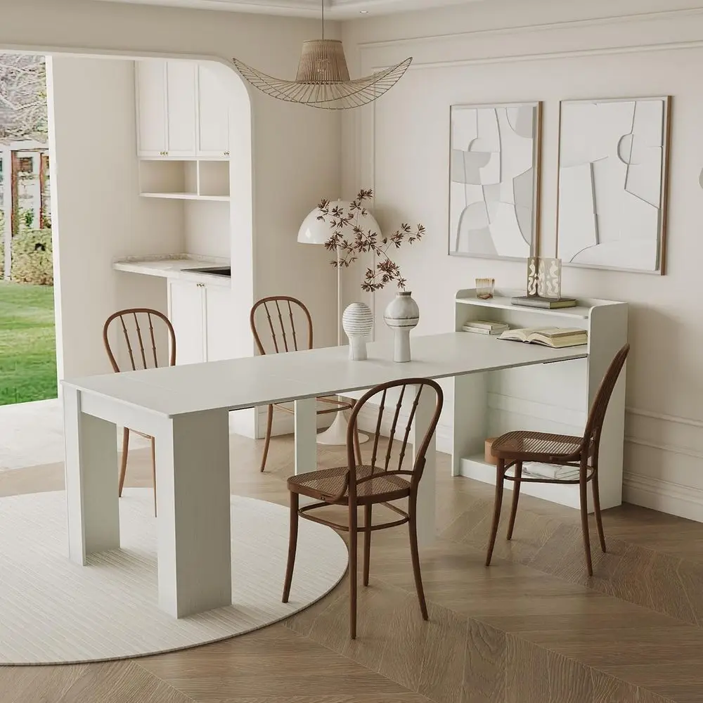 

95 Elegant Wooden Dining Table with Storage, Melamine Finish, Suitable for Home Offices and Cafeterias, White