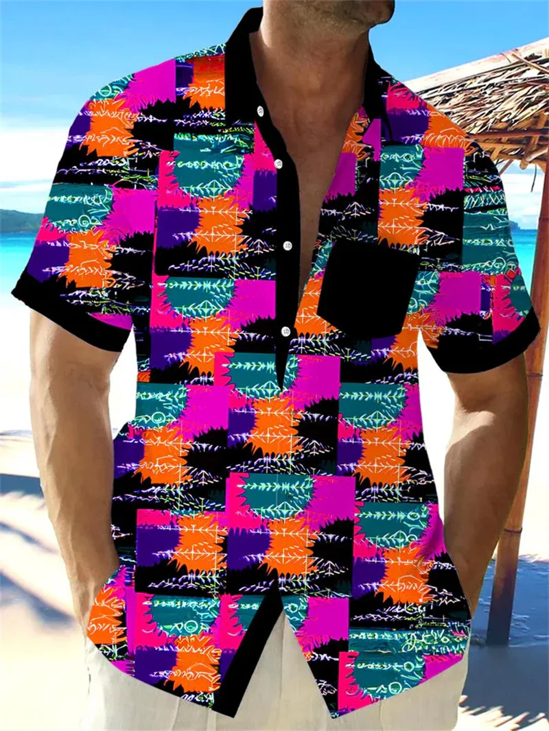 Men's color 3D printed checkered shirt hot selling casual fashion shirt loose men's short sleeved shirt