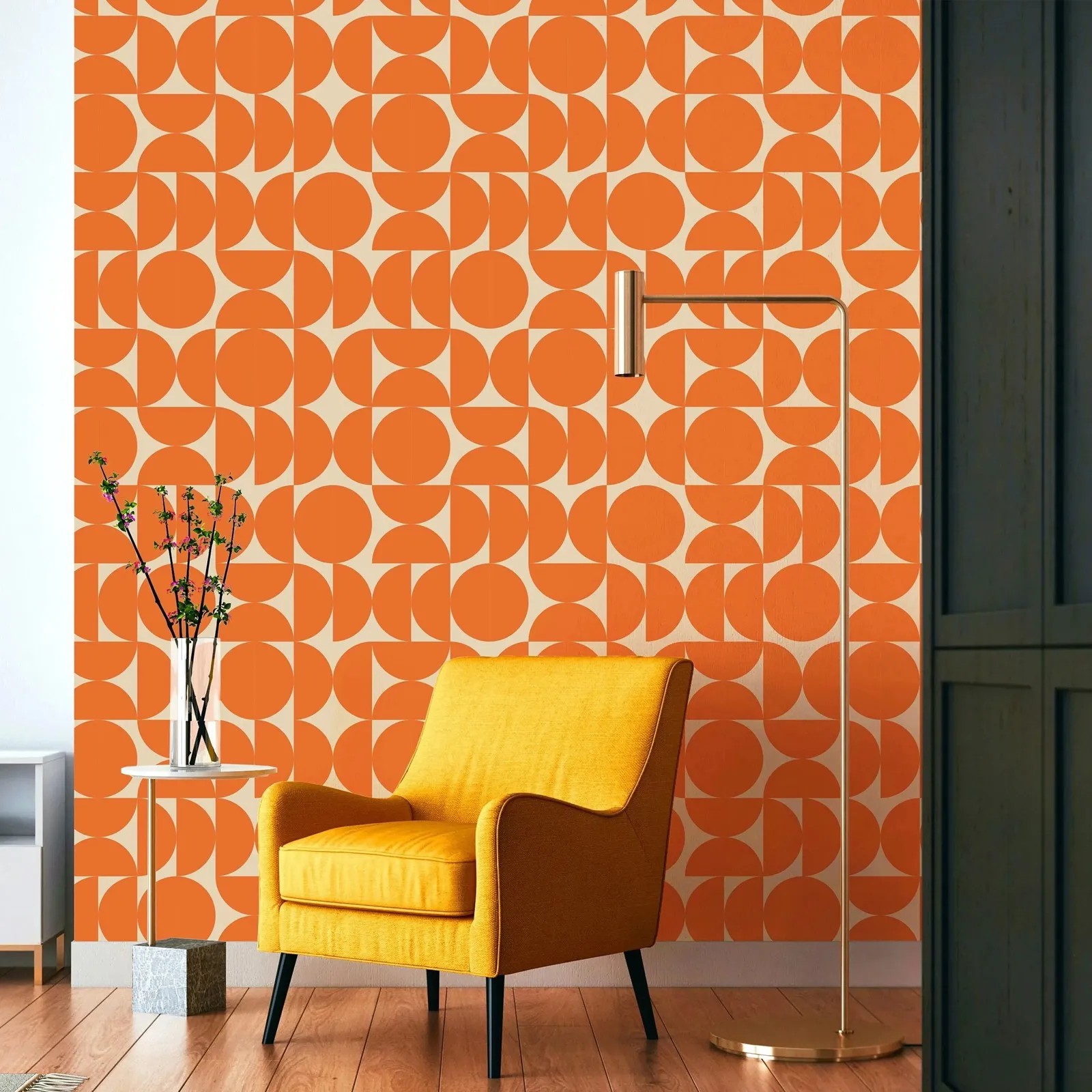Geometric Wallpaper Peel and Stick,Orange Wall Paper For Living Room Decor,Retro Whimsical 70's Traditional Non-woven Wall Mural