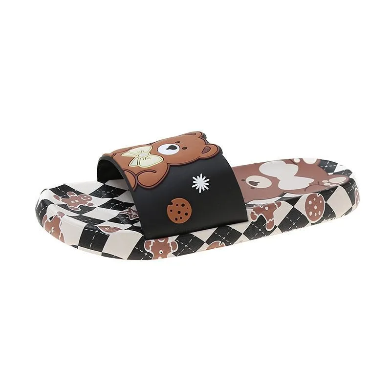

Cute Bear Print Argyle Platform Slides For Women Thick Sole Non-Slip Soft Cloud Slippers Summer Outdoor Sandals