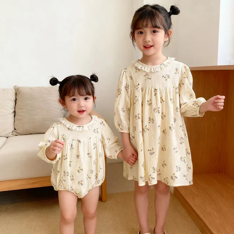 Herbst Baby Body Schwestern Kleid Infant Mädchen Kleinkind Outfit Baby Mädchen Strampler Blume Stickerei Kleid Familie Schwester Kleid