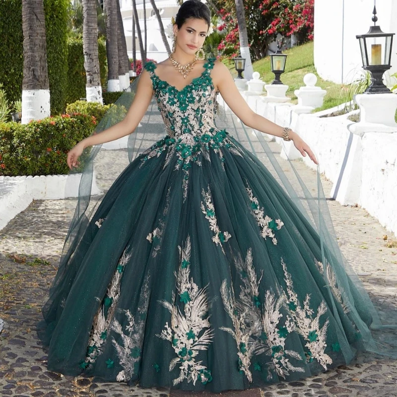 EVLAST-Vestido De quinceañera verde esmeralda, Apliques De encaje sin hombros, flores con capa, dulce 16, 15 años, TQD064