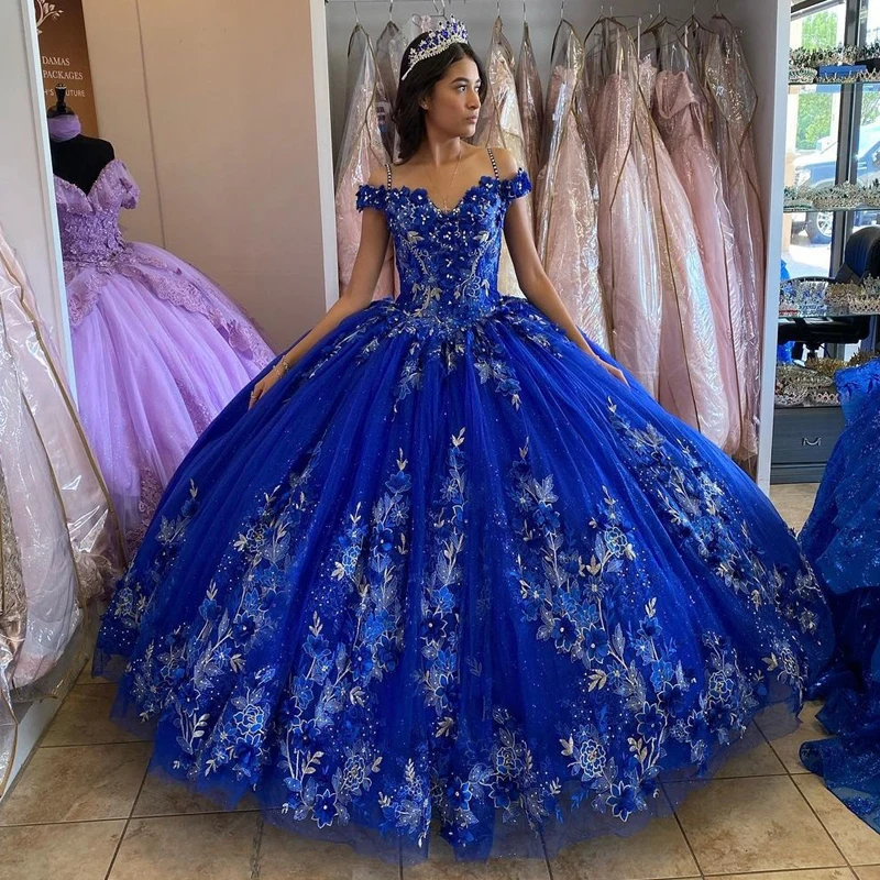 Royal Blue Sequined Beading Off The Shoulder Quinceanera Dresses Ball Gown Handmade Flowers Crystal Corset Sweet 15 Party Wear