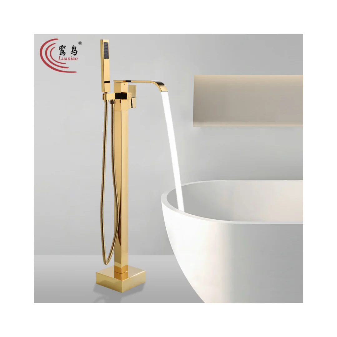 

Freestanding Bathtub Faucet Waterfall Tub Filler Brushed Nickel Floor Mount Brass Single Handle Bathroom Faucet with Hand Shower