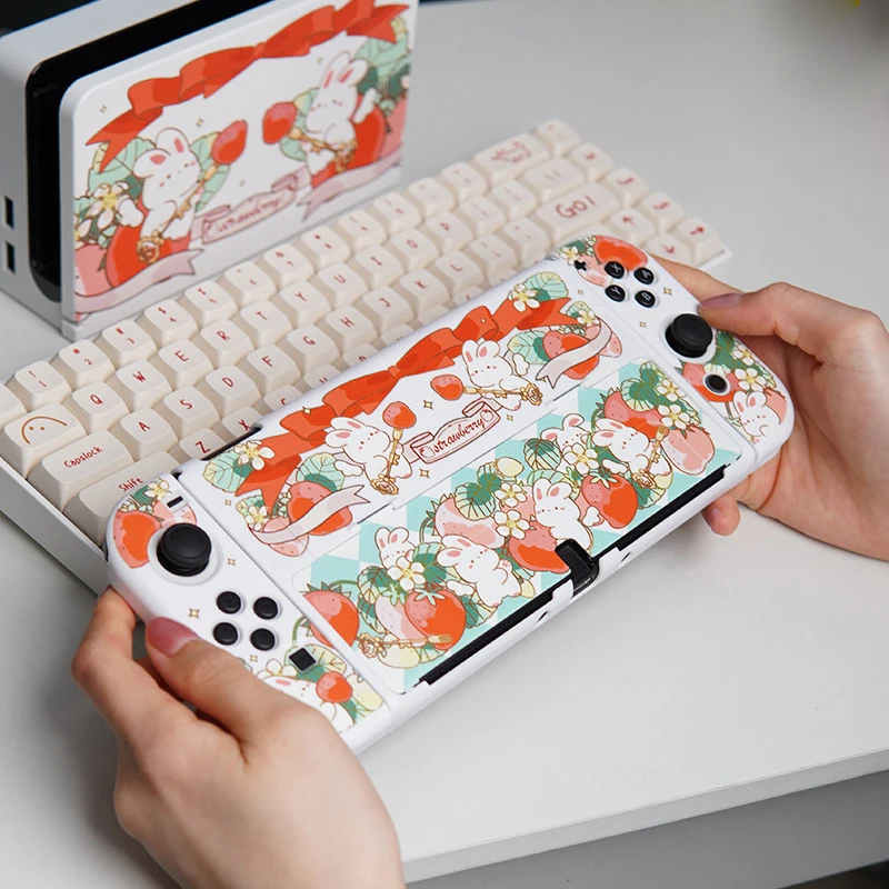 

Kawaii Switch Oled Case Strawberry Bunny Protective Shell Protable Hard PC Cover Housing For Nintendo Switch Oled Accessories