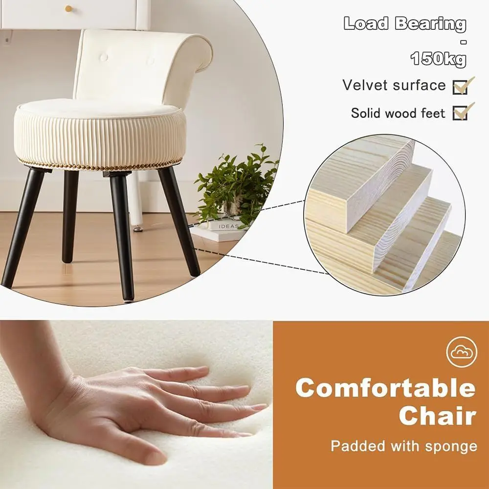 Small White Velvet Vanity Stool with Back - Vanity Chair with Low Back Tuted Accent Stool Makeup Chair or Small Vanity Bedroom B view 4