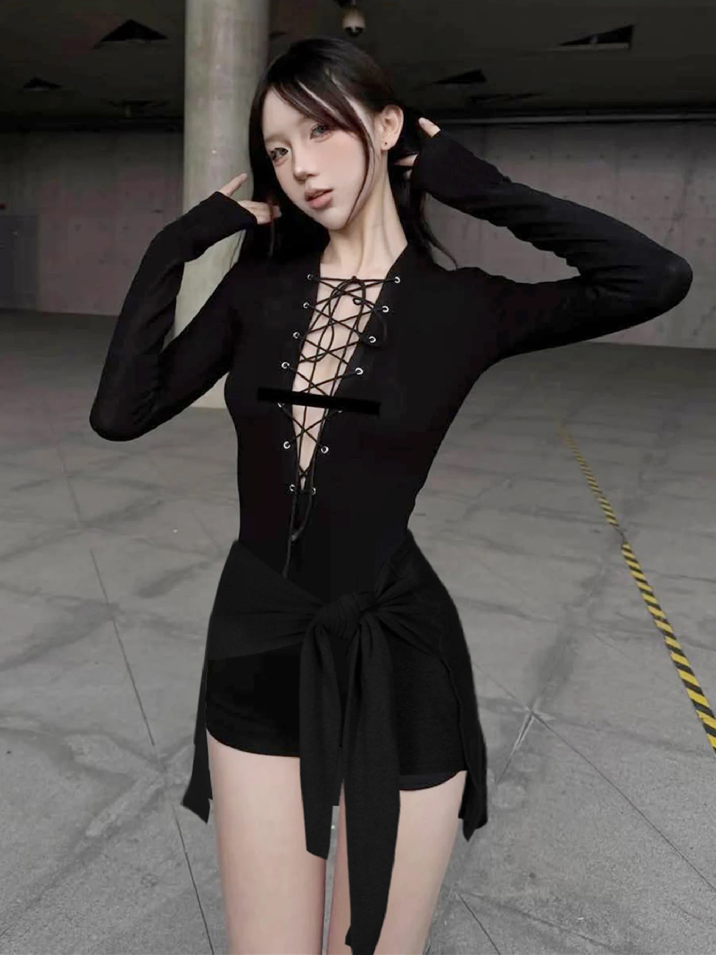 

Dulzura Autumn Latest Sexy V-Neck Long Sleeve Lace Up Slim Ribbon Holes Jumpsuit Women'S Fashion Elegant Romper Party Streetwear