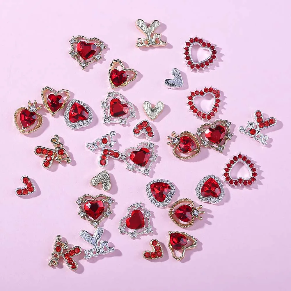 10pcs Valentines Day Design Nail Art Charm 3D Red Heart Gem with Crystal Diamond Nail Decoration DIY Shiny Gem Nail Accessories