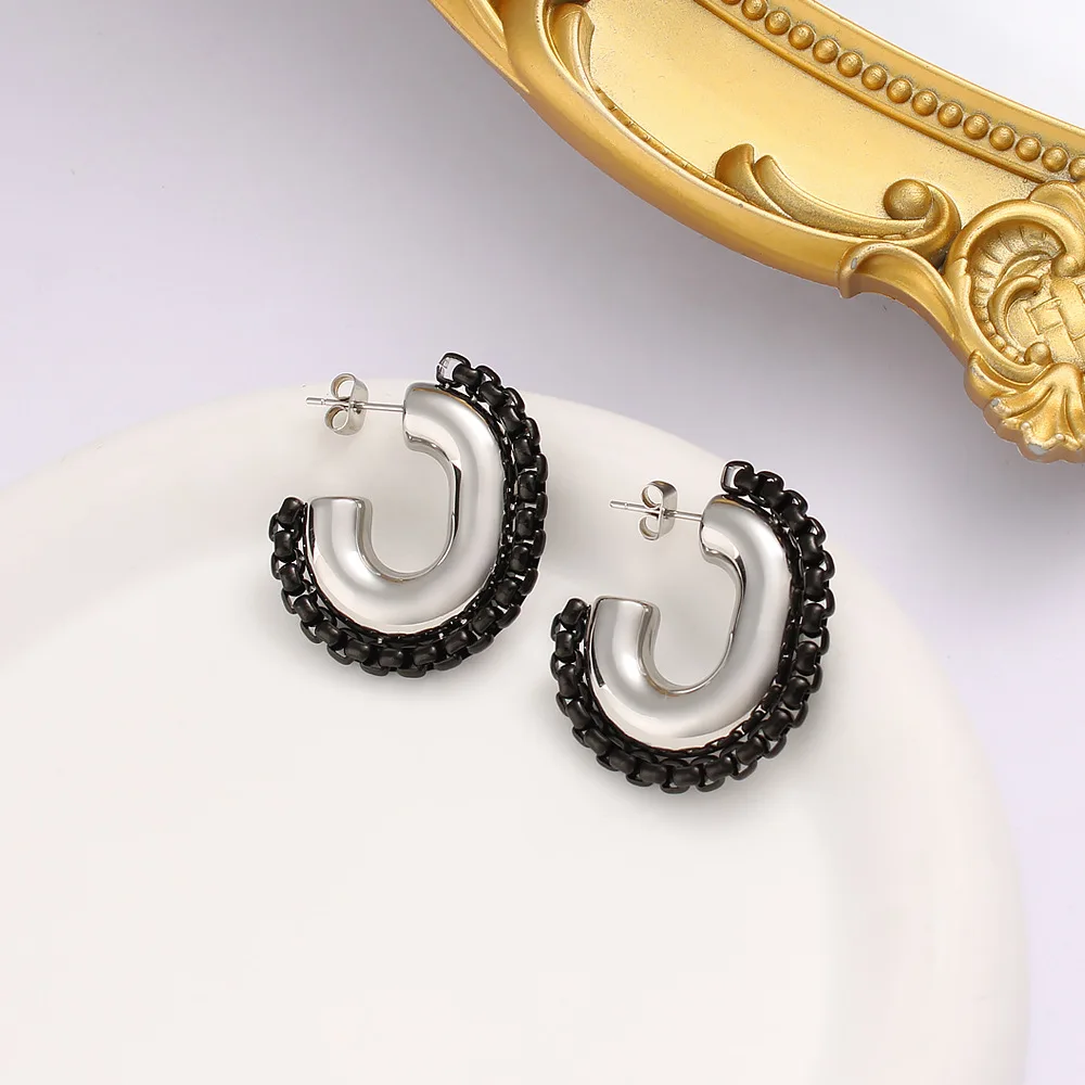 DIY accessories  Amazon 2025 new earrings stainless steel polished and welded black chain earrings personalized European and Ame