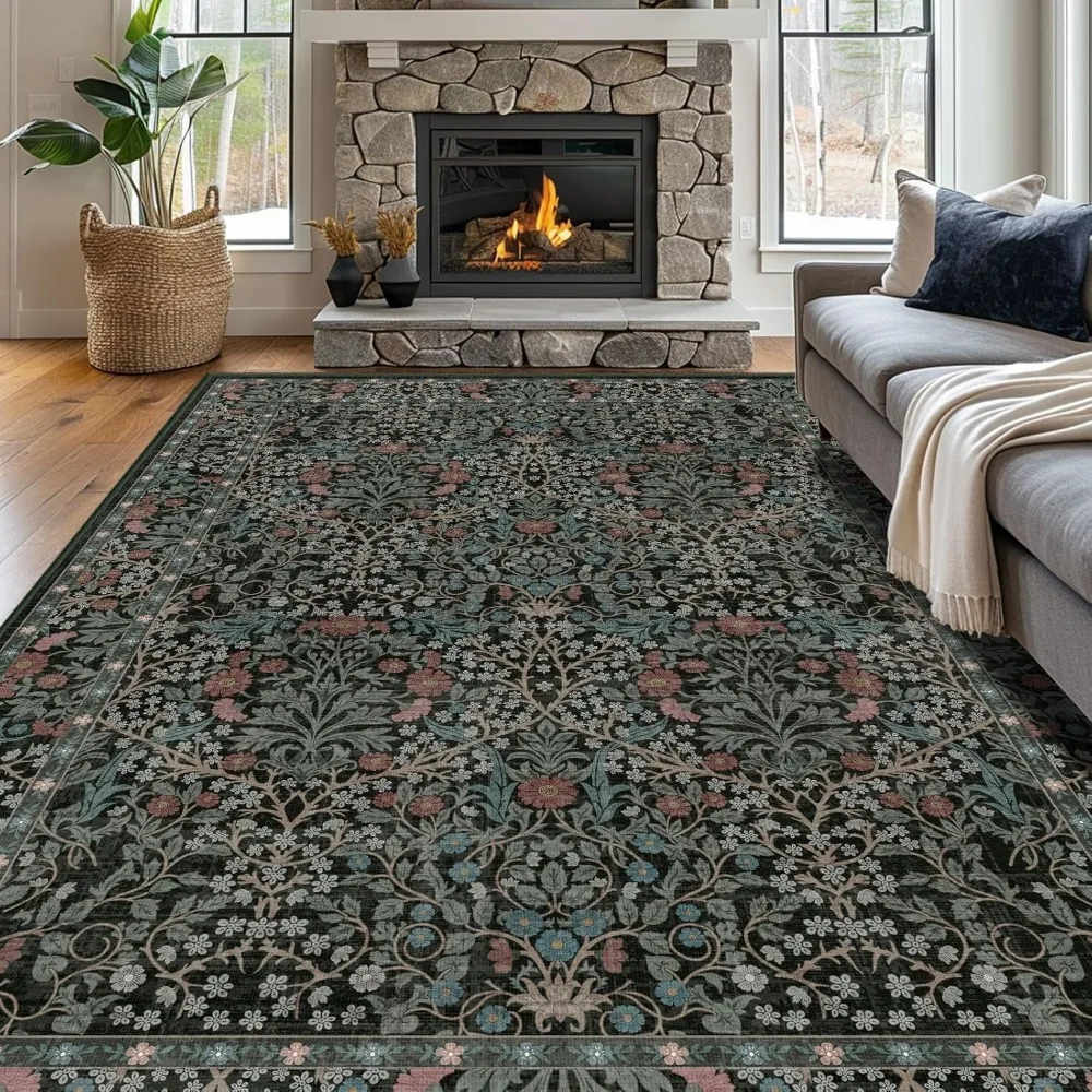 

8x10 Washable Area Rugs for Living Room, Stain Resistant Vintage Rugs for Dining Room Under Kitchen Table, Bedroom, Floral Low P