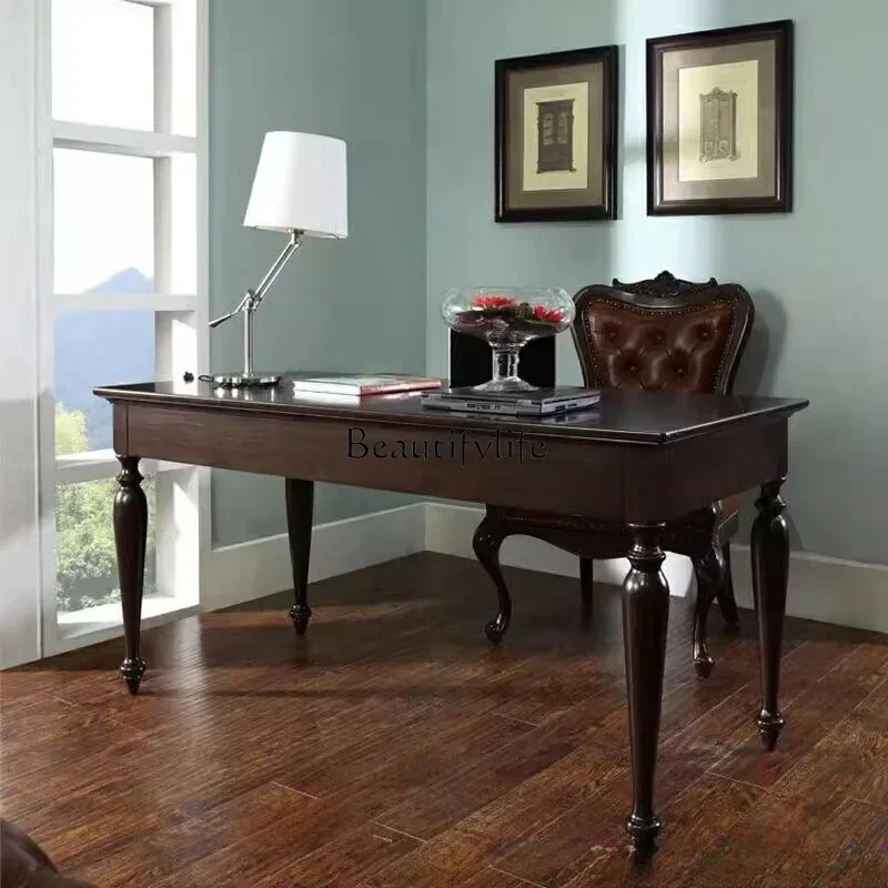 

ld14ld14 French High-End Computer Desk Leather Art Button Writing Office Desk American Country Style Solid Wood Vintage Combinat