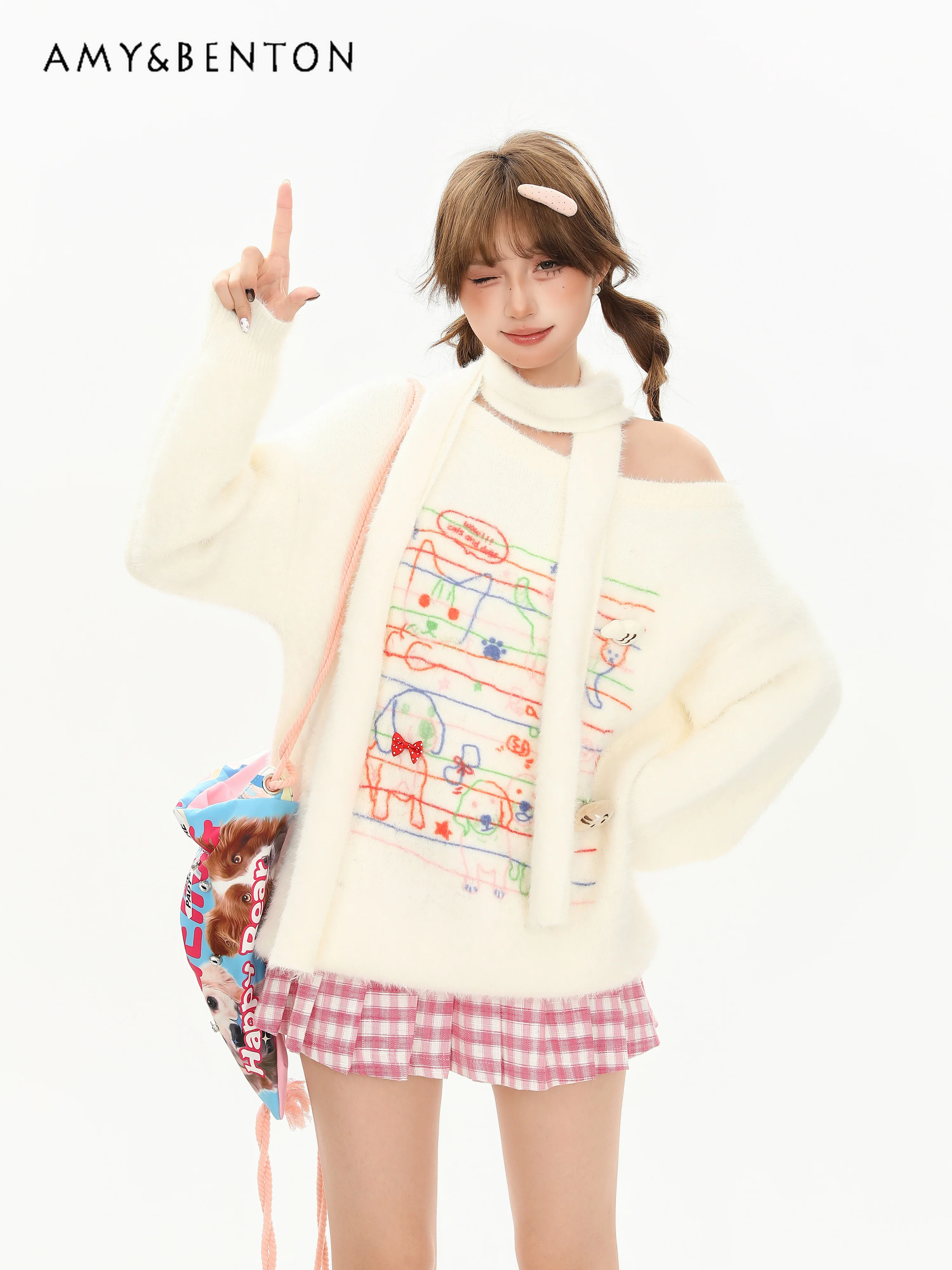 

Autumn Winter New Vintage Fun Cartoon Jacquard Off-Shoulder White Sweater for Women Sweet Loose Versatile Pink Knitted Top