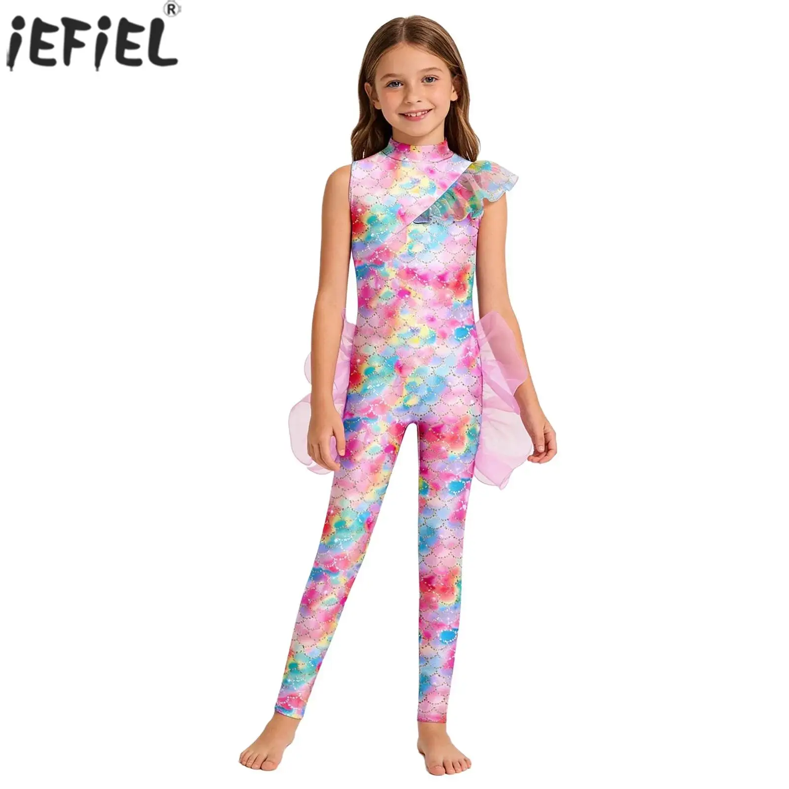 Kids Girls Mermaid Jumpsuit One-piece Swimsuit Ruffled Mesh Sleeveless Fish Scale Printed Unitards Ballet Gymnastics Leotard