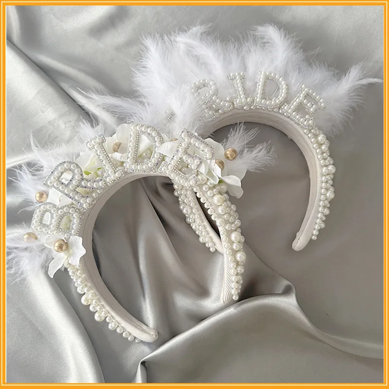 Romantic Feather and Faux Pearl Letter Bride Headband for Bachelorette Parties and Weddings for  Bridesmaids Wedding Attendees