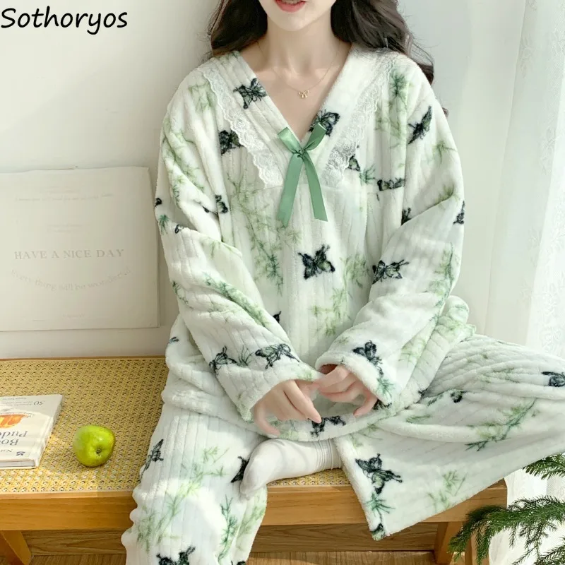 Pajama Sets Women Comfortable Flannel Soft Slouchy Chic Autumn Winter V-neck Printed Ins Bow Design Loungewear Loose Pyjamas