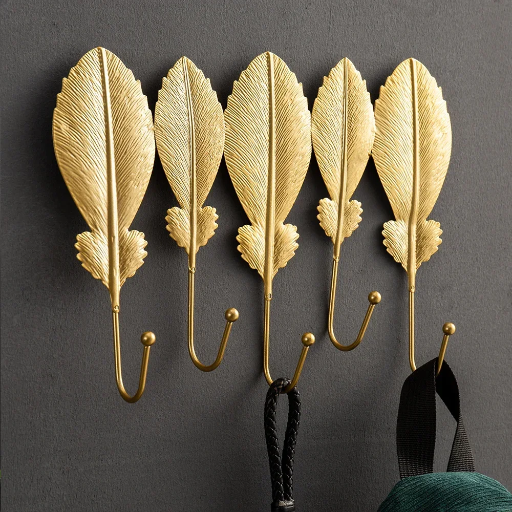 Light Luxury Home Decor Bathroom Accessories Wall Decoration Golden Iron Leaf Gate hook up Wall Key Hanger Clothes Rack Hooks