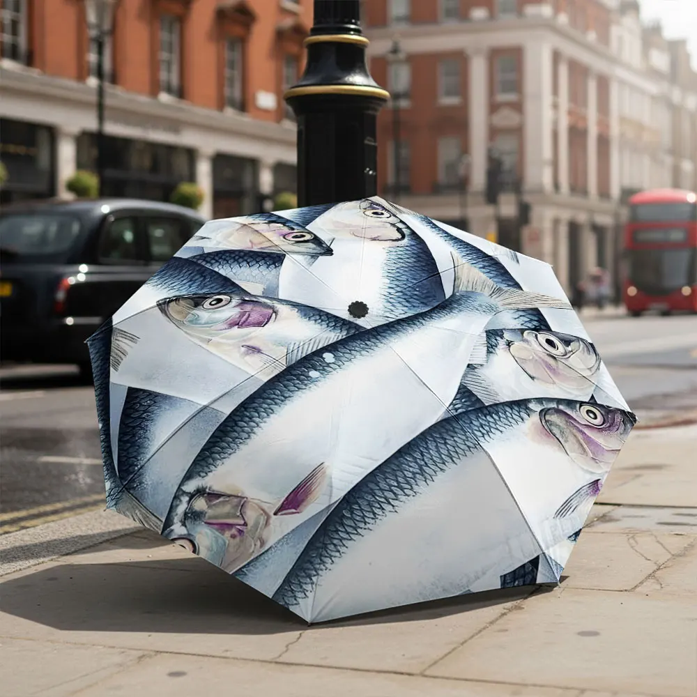 1P C Unique Fish Print Umbrella Design in Front of a Landmark Print 8 Iron Ribs Folding Umbrella Auto-Open Fashion Sunshade
