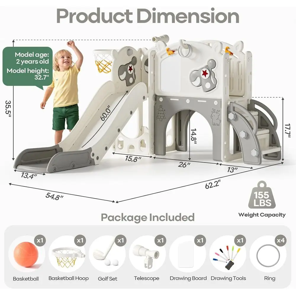 10-in-1 peuterglijbaan 10-in-1 voor kinderen van 1-3 jaar, elandenthema met basketbal en golf, binnen/buiten, beige en grijs (54x62x39in)