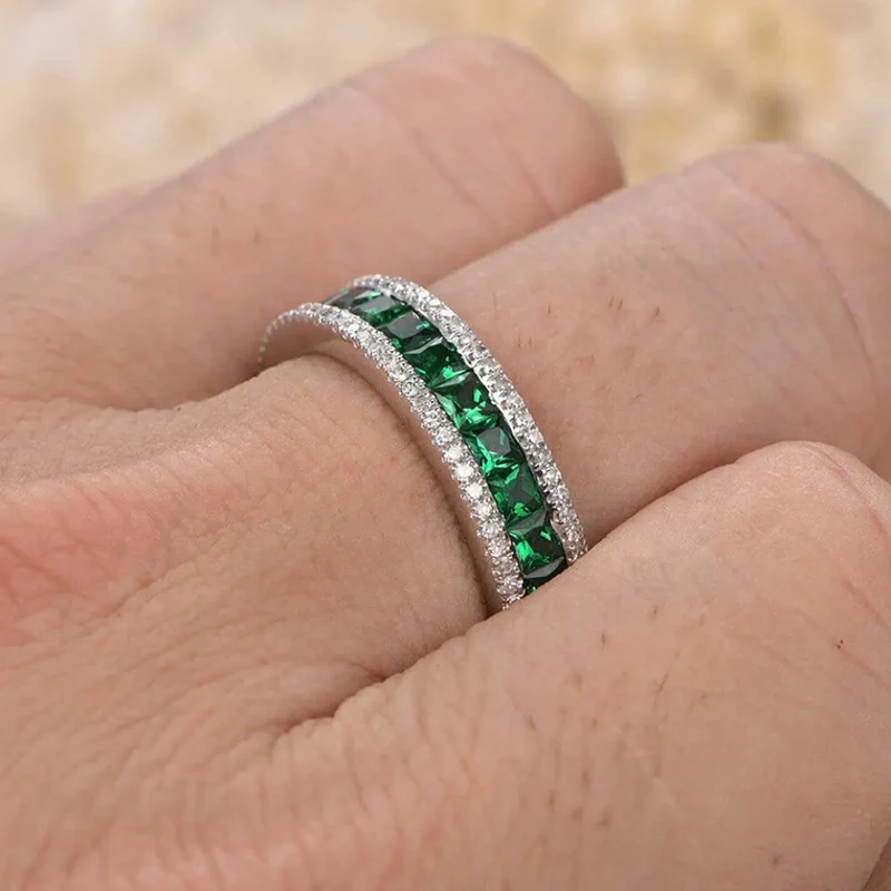 Huitan Princess Cut Green Zirconia Ring dla kobiet Nowa modna biżuteria na palce dla zaręczynowej pani Nowość Akcesoria do obrączki ślubnej — zdjęcie 5