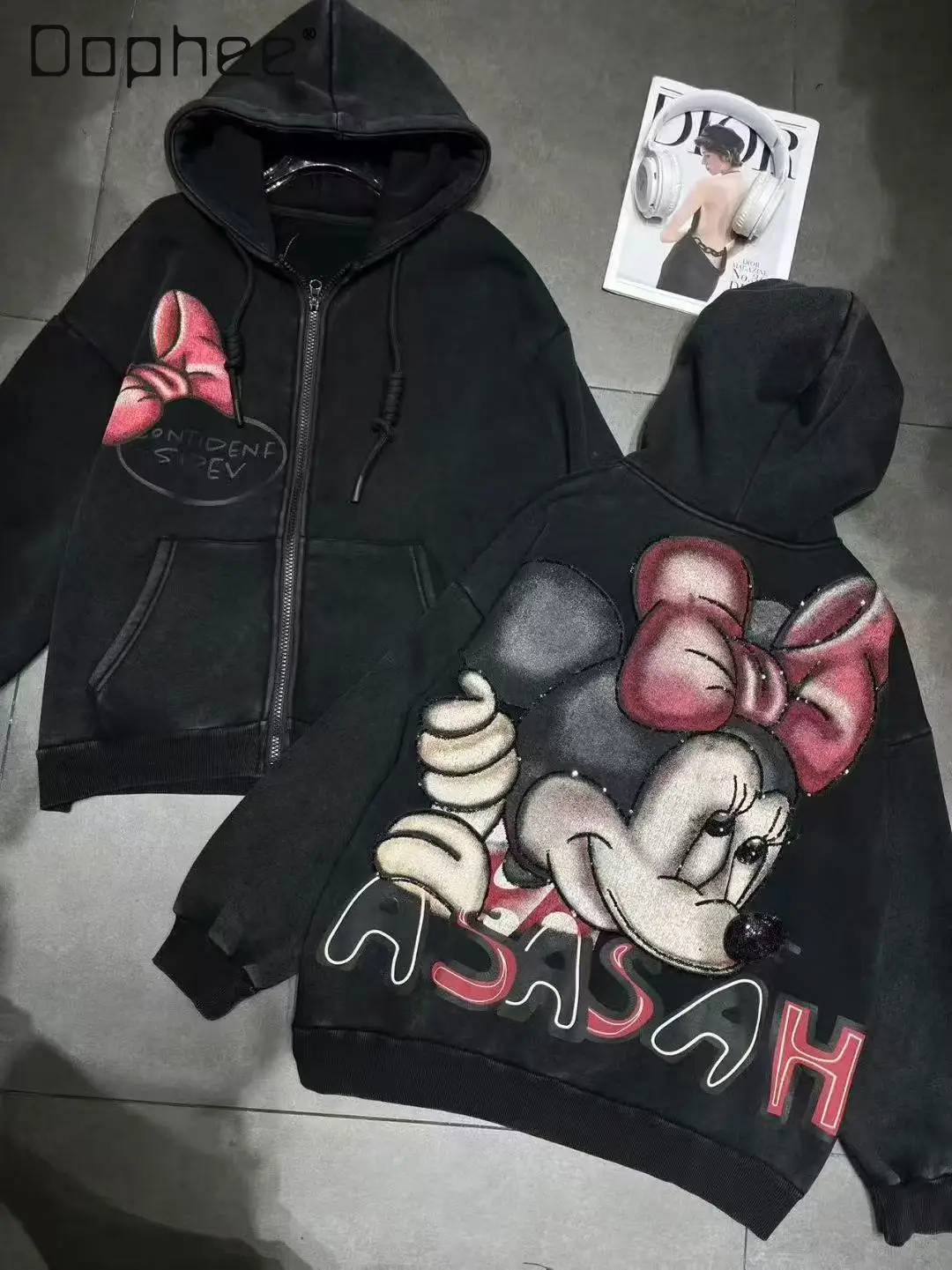 

European Style Fleece-Lined Sweatshirt Cardigan for Women Autumn and Winter Unique Cartoon Sequin Letter Embroidery Warm Jacket