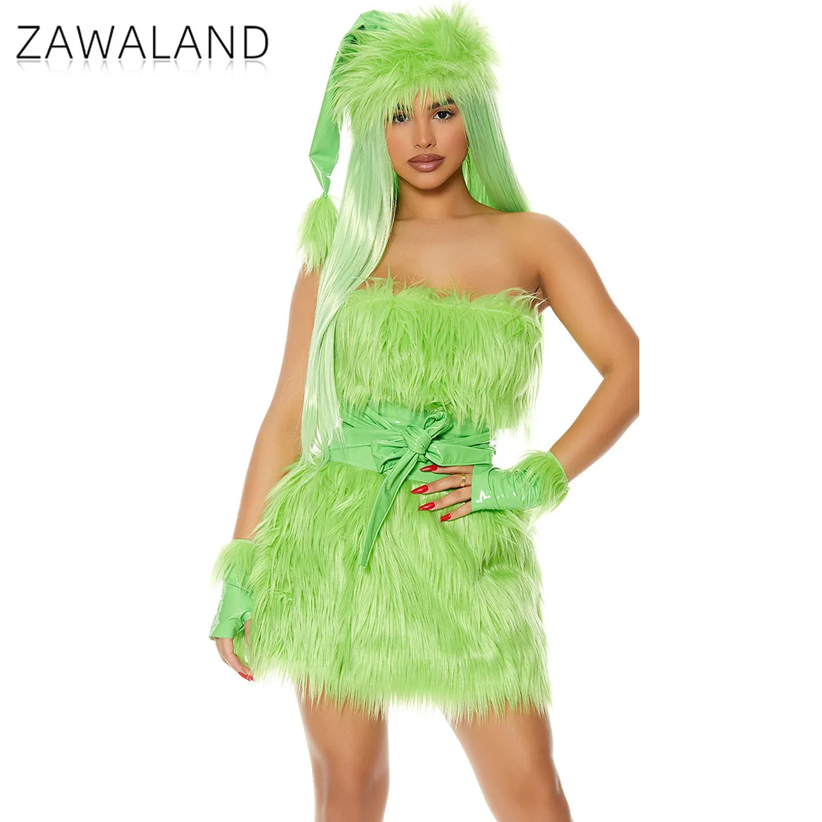 

Woman Green Monster Cosplay Costume with Hat Christmas Strapless Dress Anime Movie Sexy Dress Xmas Festival Performance Outfits