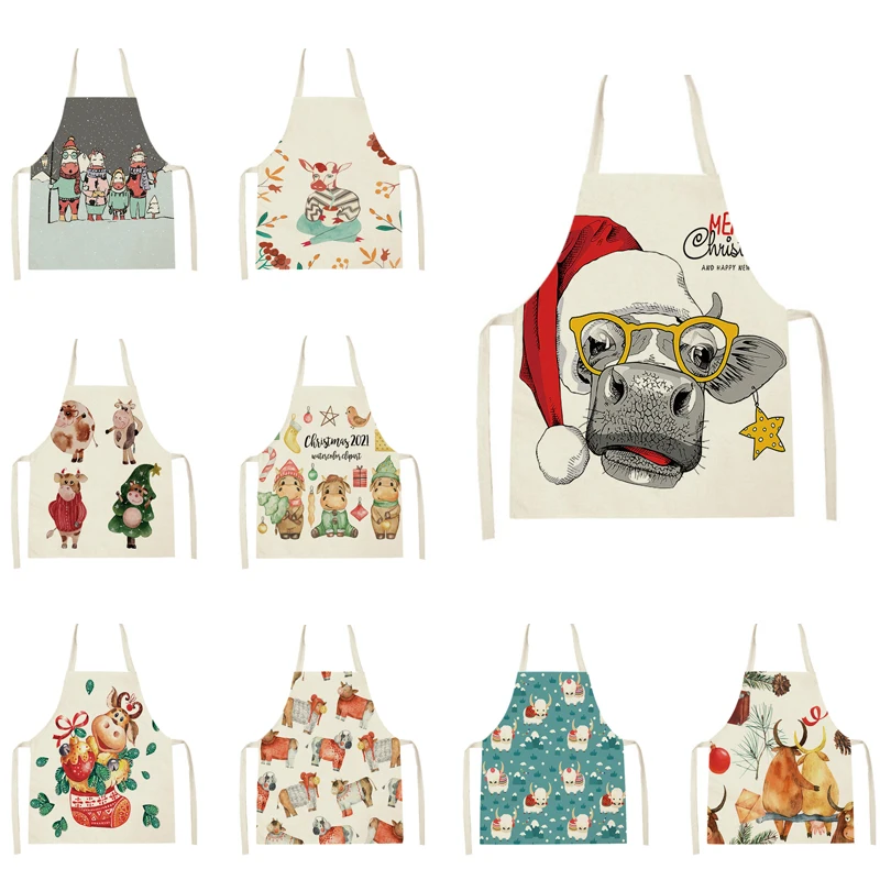 Cute Christmas Cattle Series Home Kitchen Linen Apron Adult Kids Apron Baking Cleaning Tool Apron Tablier Cuisine Delantal