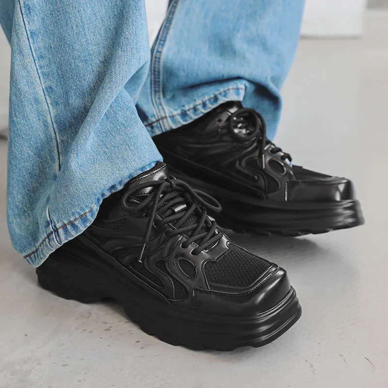 Men\'s Japan Karajuku Korean Style Fashion Streetwear Thick Platform Casual Black Leather Shoes Male Lace Up Sneakers Shoes