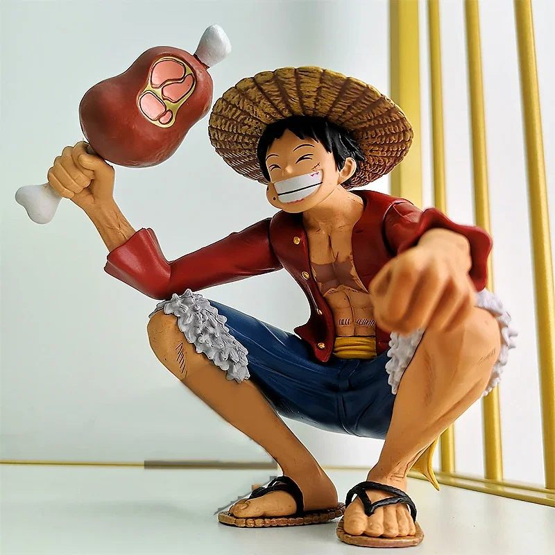 15cm One Piece Anime Character Luffy Eat Meat Battle Model Action Figurine Smiley Straw Hat Luffy Statue Children's Toys Set