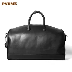 Casual natural genuine leather men's women's black travel bag simple luxury real cowhide weekend outdoor large-capacity handbag