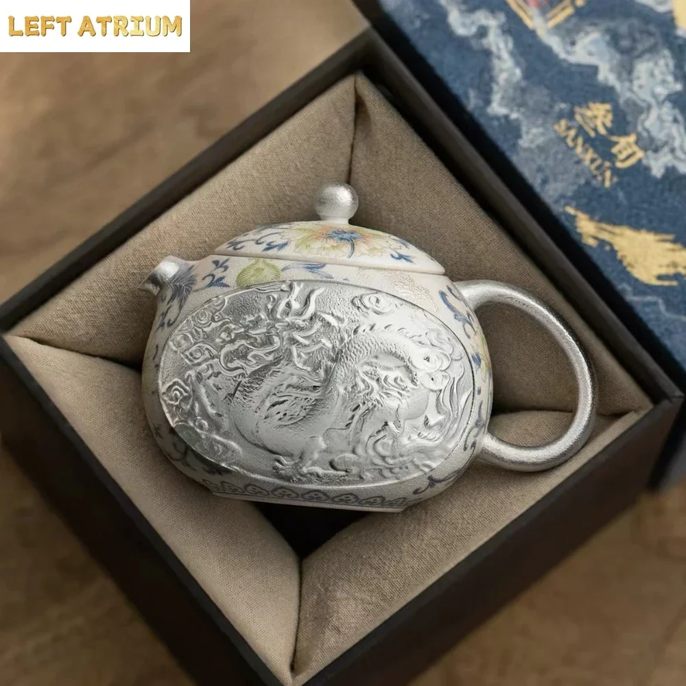 Hand-plated 999 Silver Blue and White Dragon and Phoenix Xishi Pot with Twisted Branches Teapot Making Tea High-end TeaWare Gift