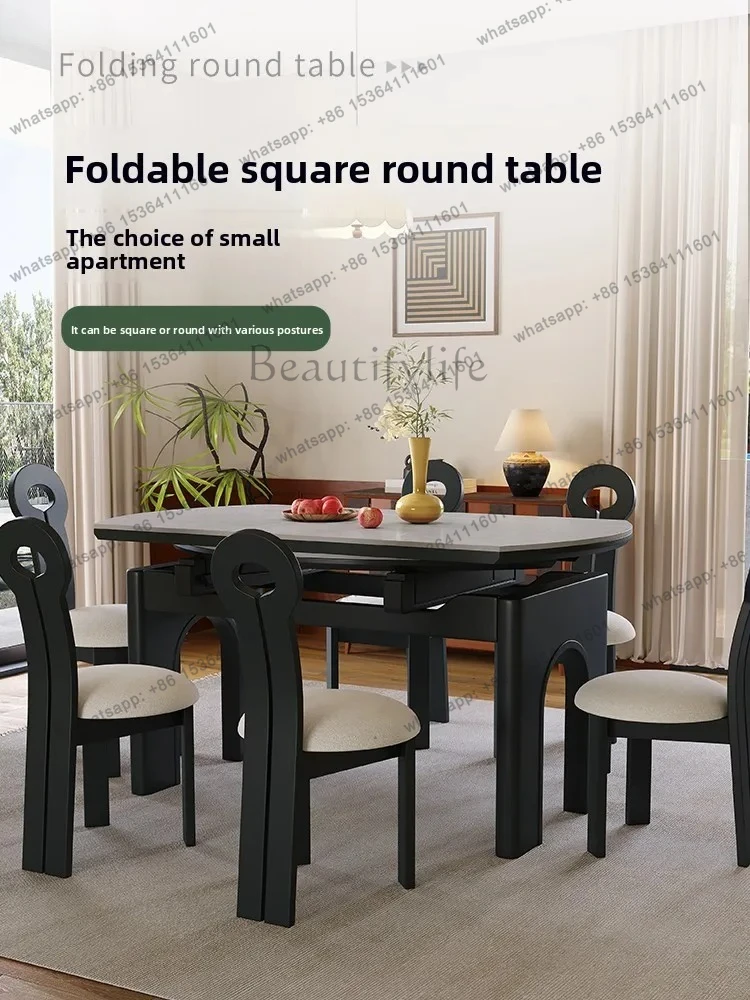solid wood rock slab dining table and chairs household retractable folding rectangular retro dining table