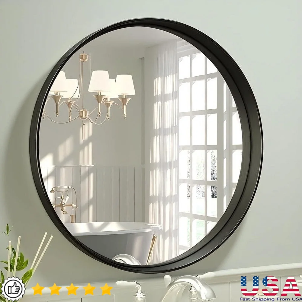 

24-дюймовое круглое зеркало для ванной комнаты с глубоким каркасом, небьющееся косметическое зеркало, простая установка, использование в помещении и на открытом воздухе