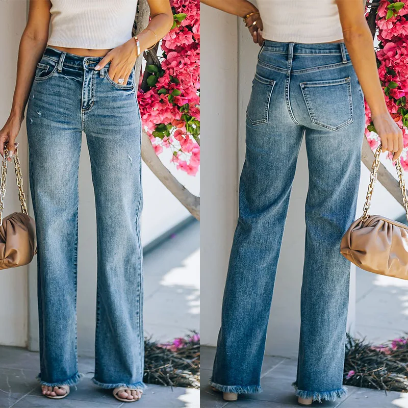 Women Jeans Wide Leg Pants High Wait Denim Flash Washing Loose Holes Pockets Solid 2024 Spring Ankle Length Slight Strech