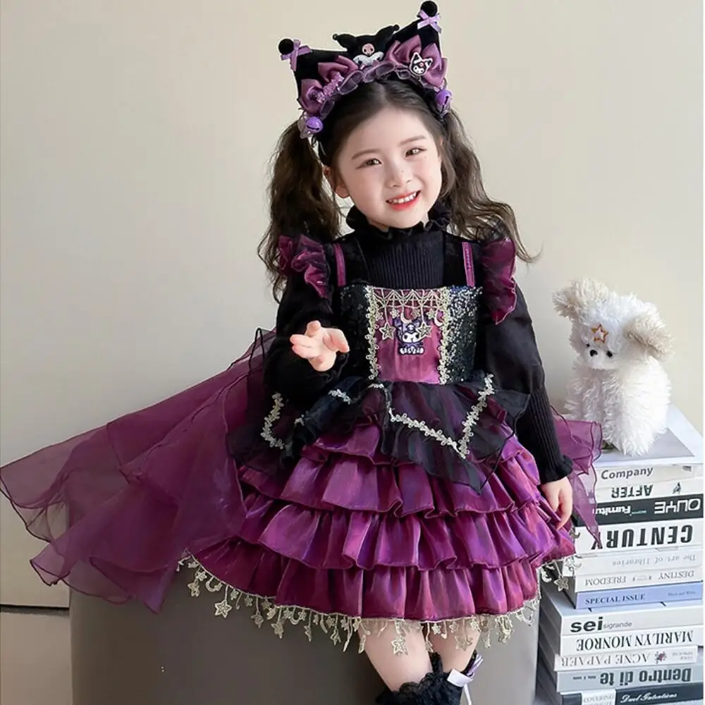 

Sanrio Kuromi Girls' Dress Dark Lolita Children's Princess Dress Cake Skirt Big Tail Magic New Elegant Kids Cospaly Dress Party