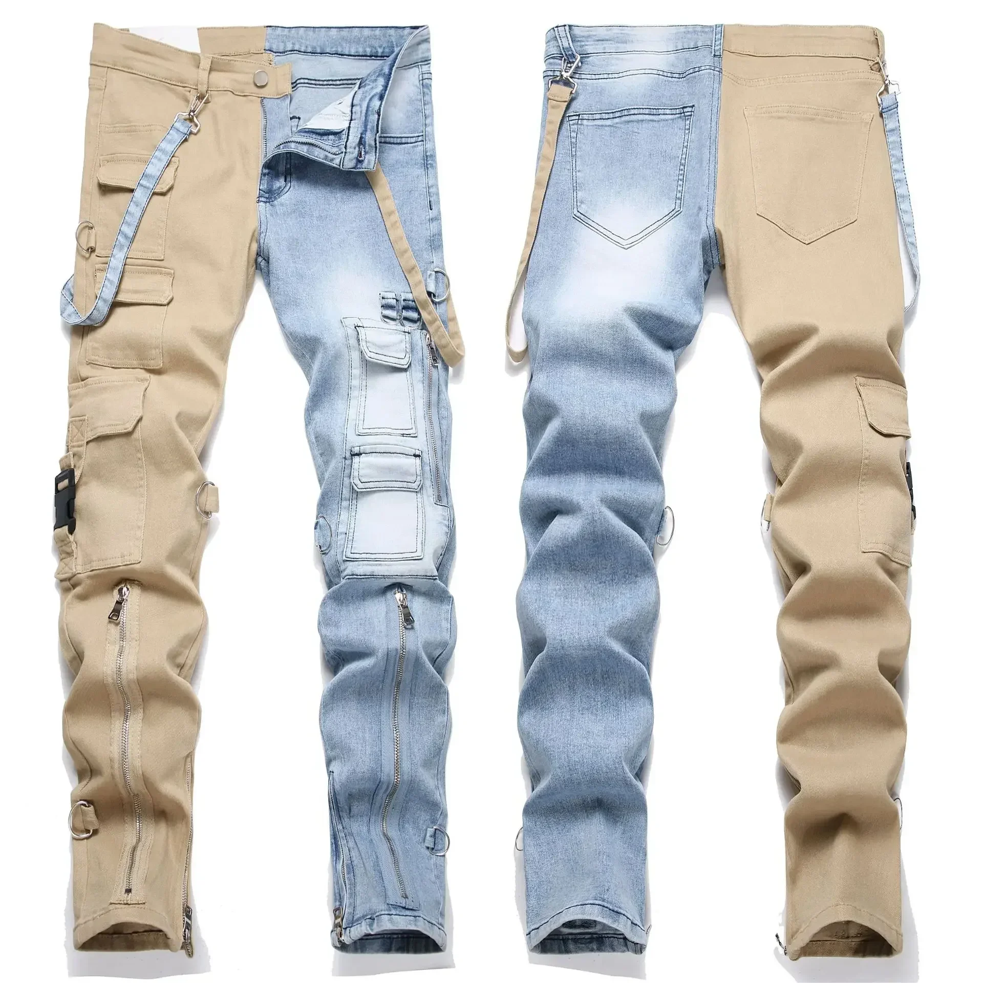 Men Autumn WinterJeans Long Pant Denim Pencil Pants Pockets Splice Zipper Slim Fit High Waist Regular Casual Straight Trousers