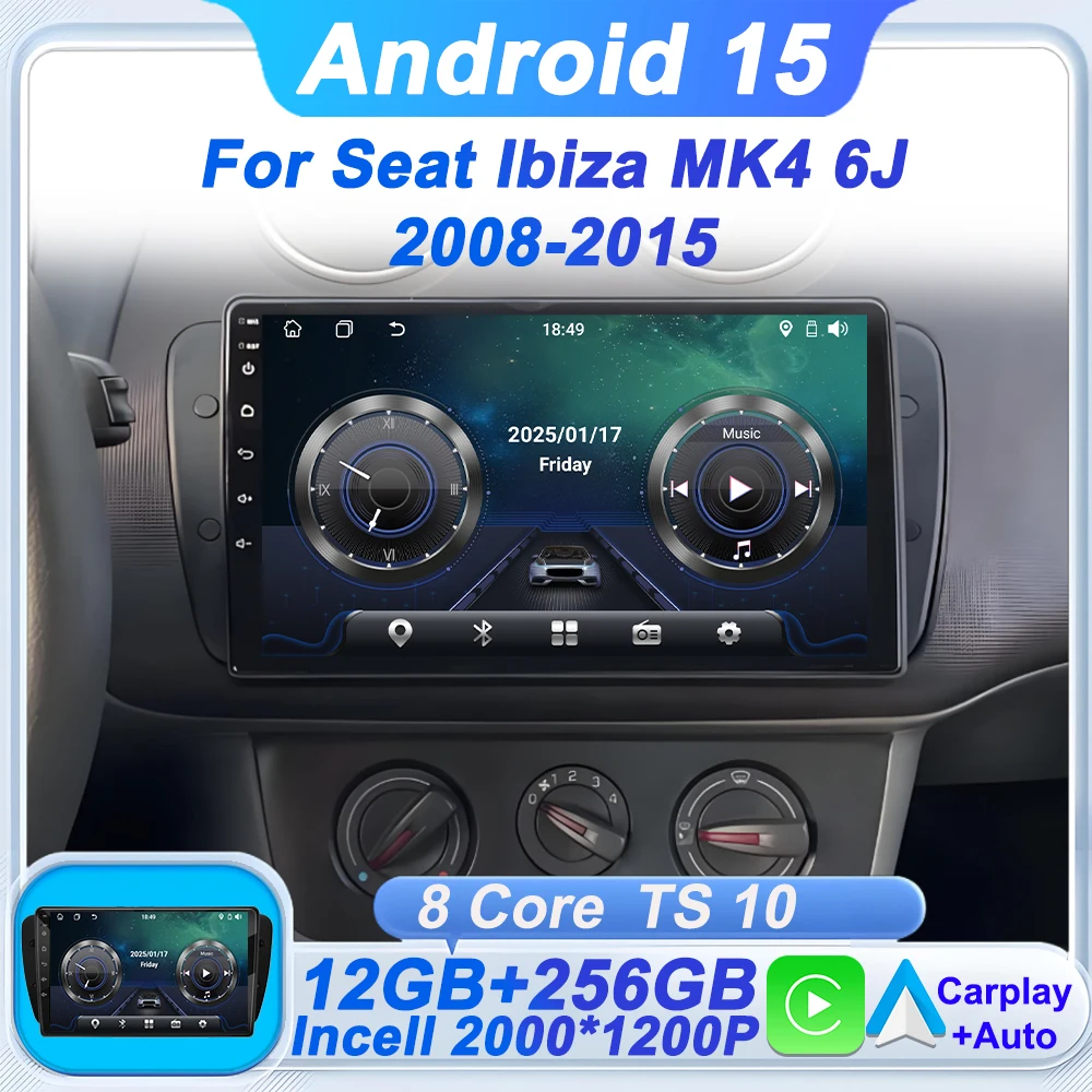 Lecteur Radio vidéo multimédia de voiture 2 Din pour SEAT Ibiza 6J 4 2008 - 2015 sans fil Android Auto CarPlay 8 cœurs GPS Navigation Wifi