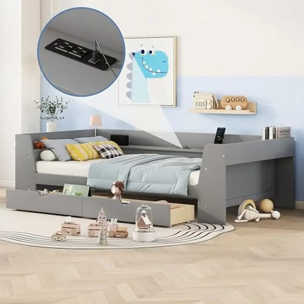 

Twin Daybed Frame with Storage Drawers and Charging Station Kids Bed Boys Girls Gray Modern Design No Box Spring Needed USB Port