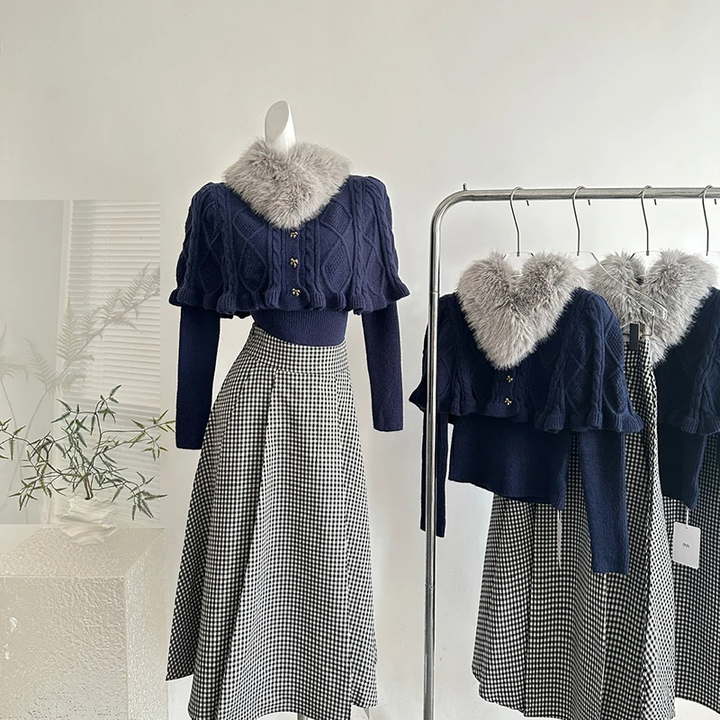 Korean version heavy Industries cape shawl sweater short style knit top+scarf+plaid long skirt temperament three piece set
