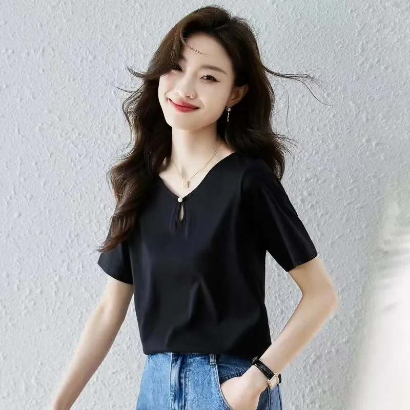 

Unique Hollow Out Solid Color Short Sleeved T-shirt, Shoulder Length, Summer New All Match Fashion V-neck Top