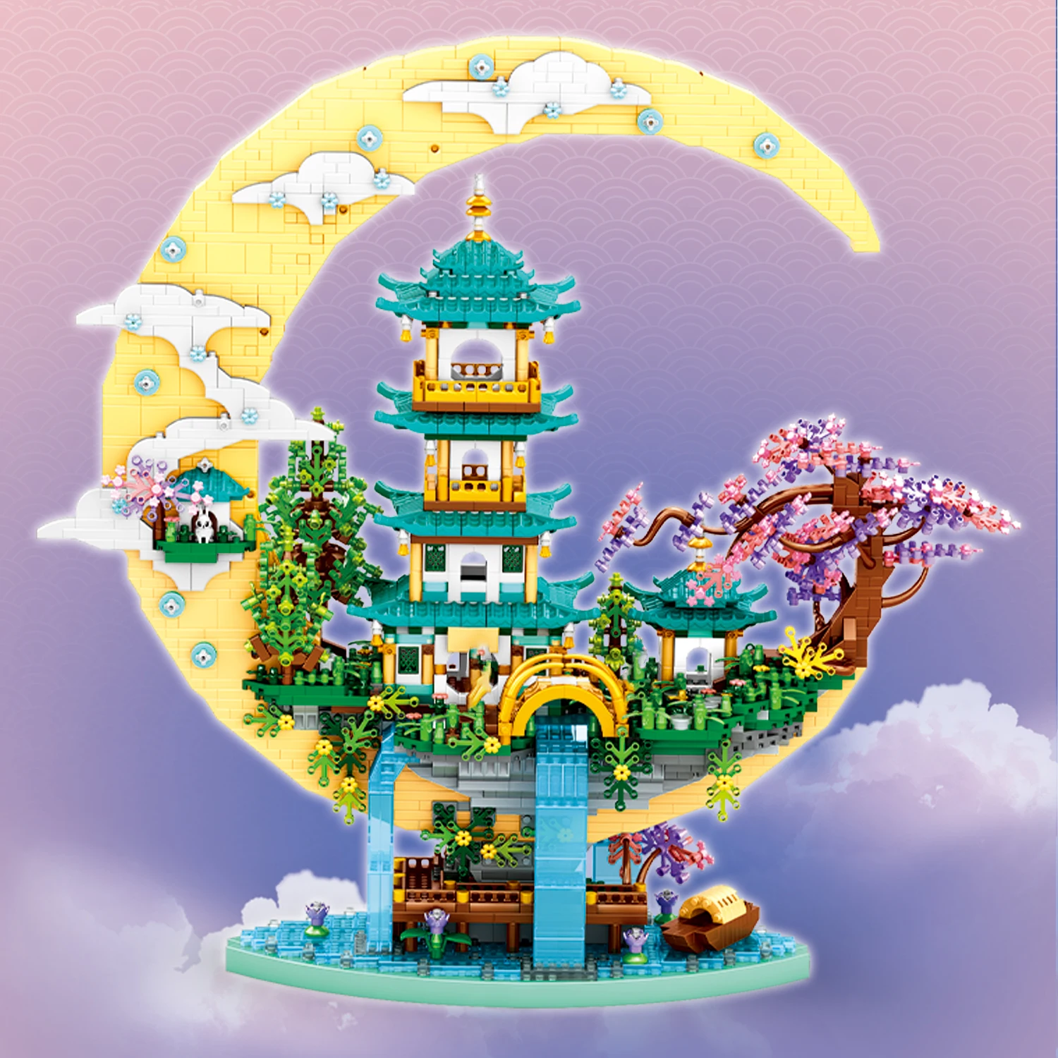 Padiglione antico Tempio Torre Lago Cancello da giardino Modello di luce a led Mini blocchi di diamanti Mattoni Costruzione di decorazioni per la casa in stile cinese Regalo