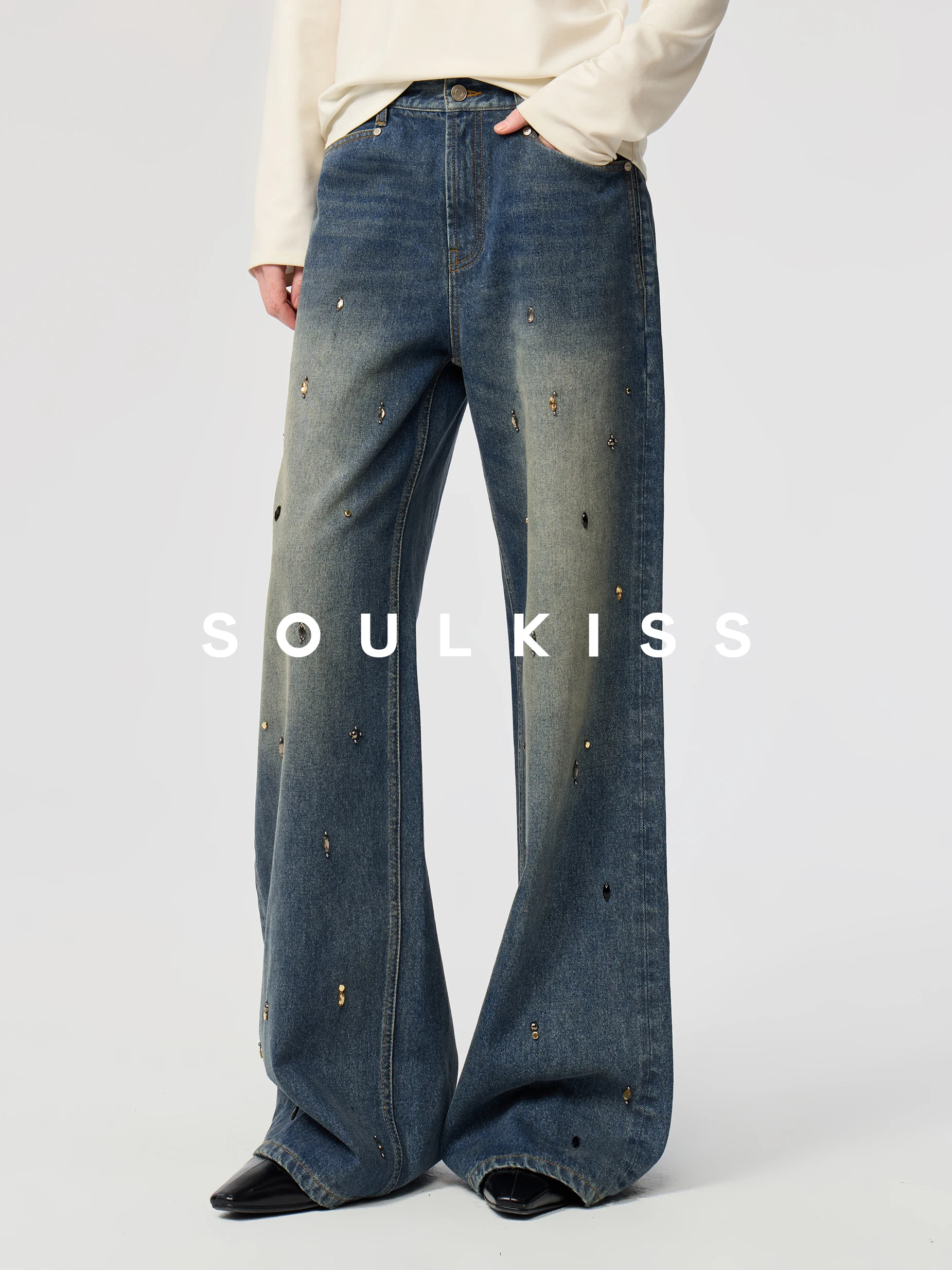 

Джинсы Soulkiss ручной работы с бисером, широкие, из хлопка, свободного кроя, прямые, женские, премиум-класса, для повседневной носки, зимний сезон